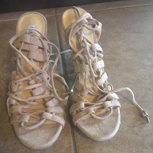 Nude lace up heels faux suede